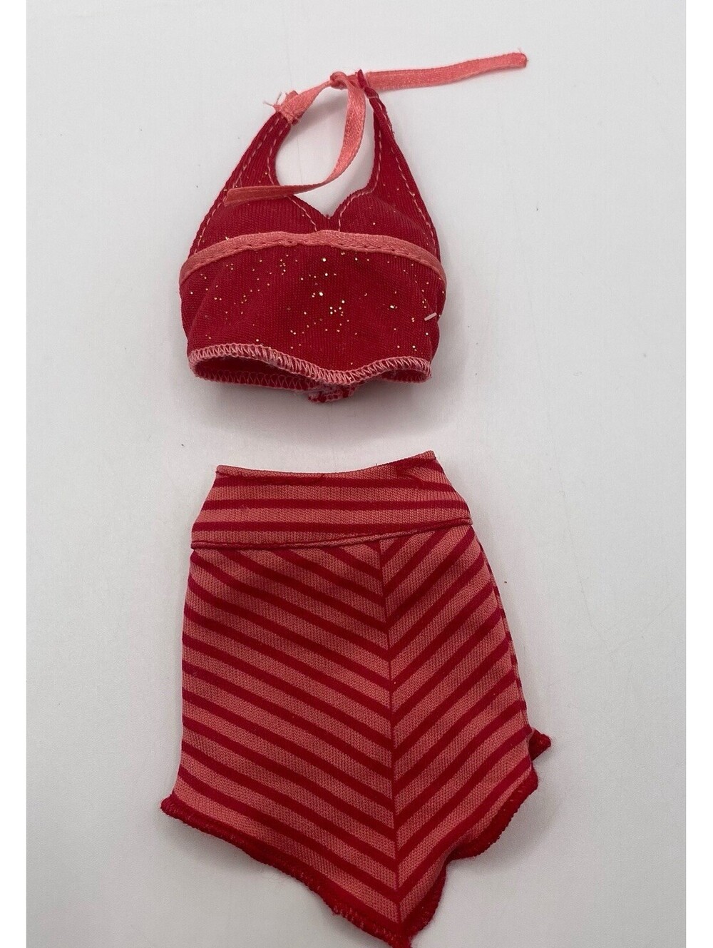 Vtg. Barbie Clothes Red Sparkle Halter & Striped Asymmetrical Skirt Set B2